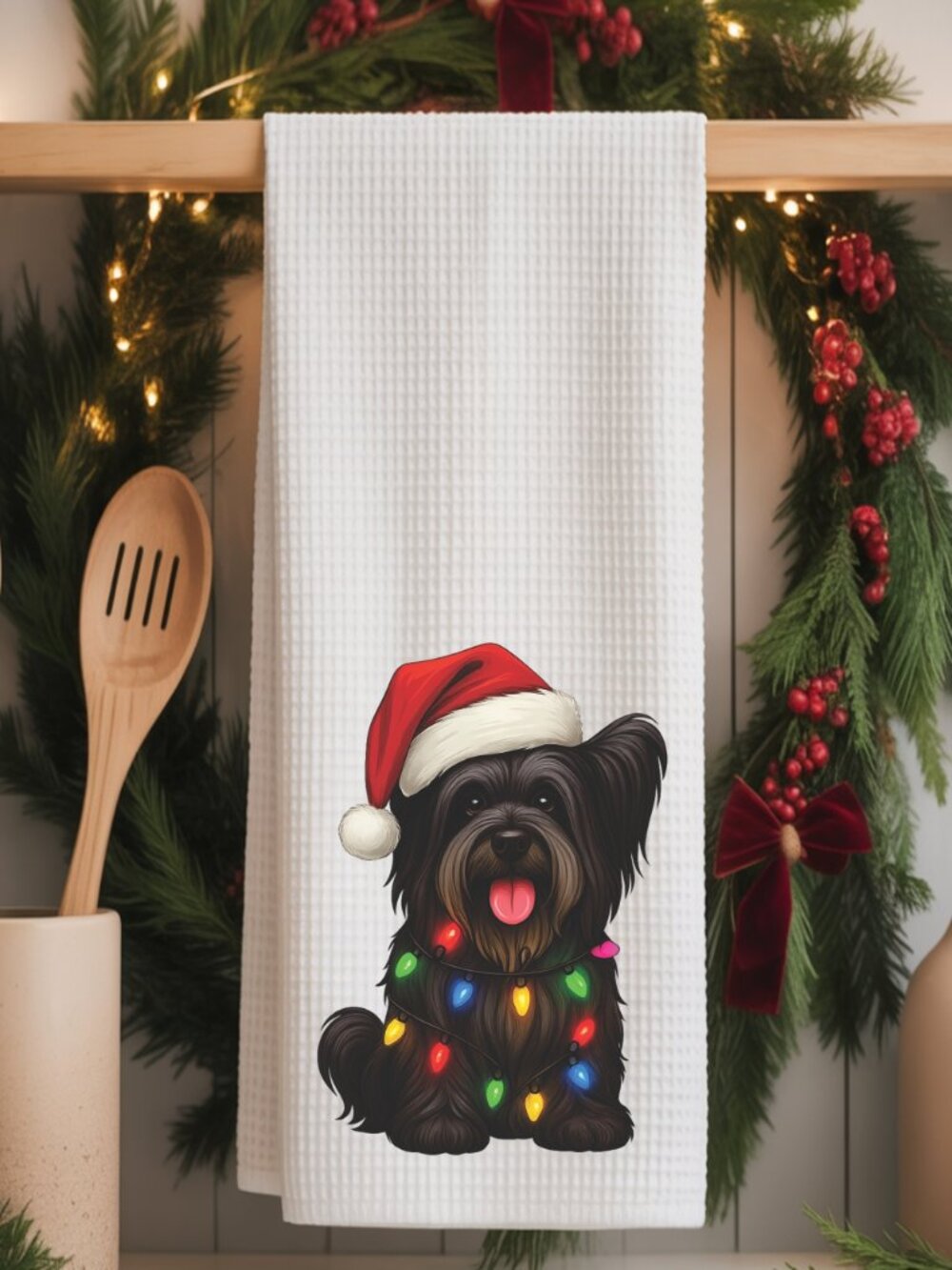 Skye Terrier Christmas Lights Decorative Kitchen Tea Towel